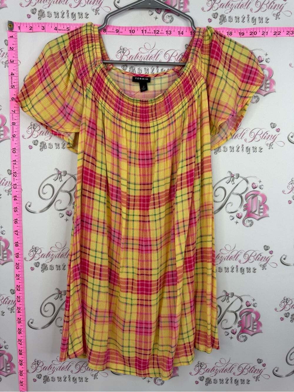 torrid shirt top Yellow and Pink Plaid Flutter Sleeve Tunic
